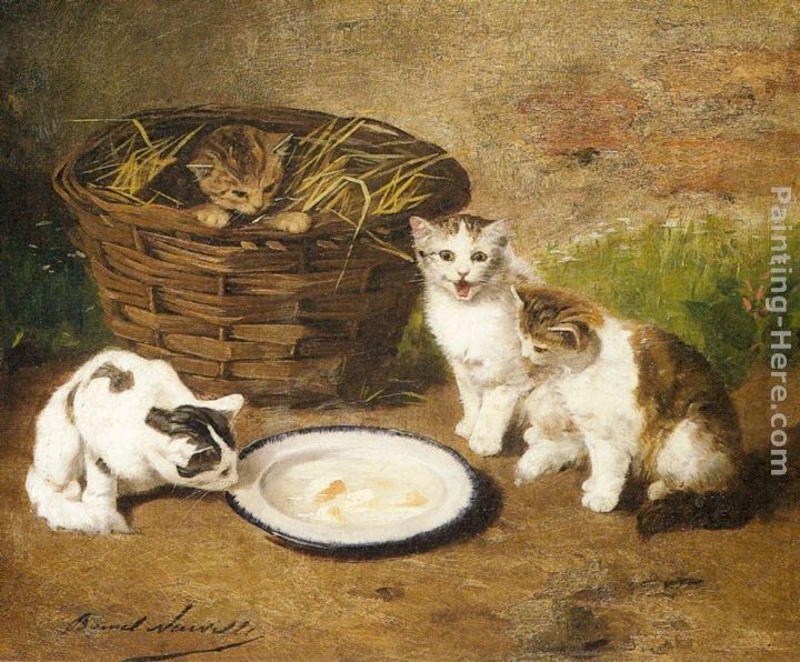 Alfred Brunel de Neuville Kittens by a Bowl of Milk